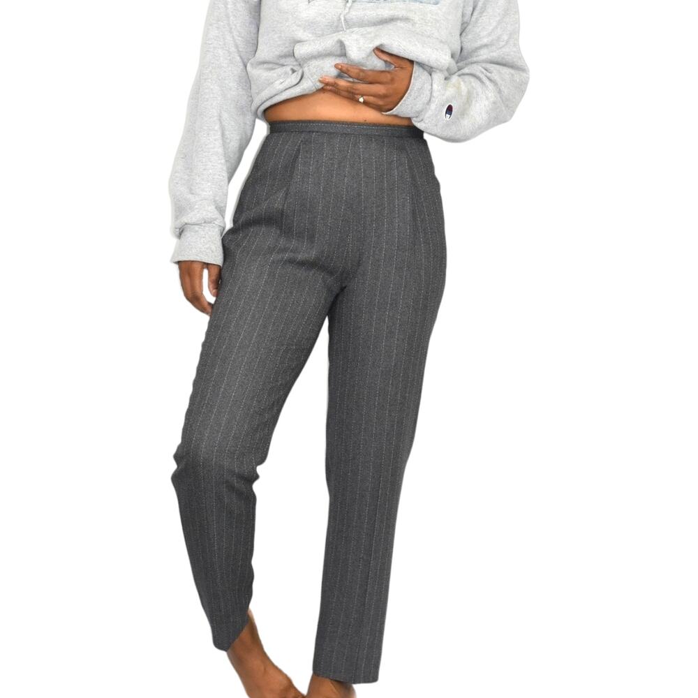 Vintage High Waisted Trousers Grey Striped Dress Pants Tapered Pleated 4 Petite